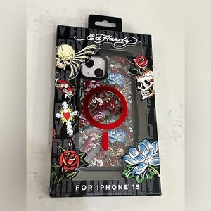 Ed Hardy Floral Skull iPhone 15 Case - Red, Blue, and Black